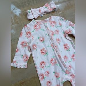 Little Me floral roses zipper Footie bodysuit with matching headband Nwt